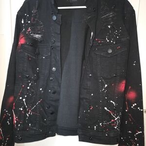 Rockstar Men’s Black Denim Jacket Size-Medium Paint Splatter Streetwear ButtonUp